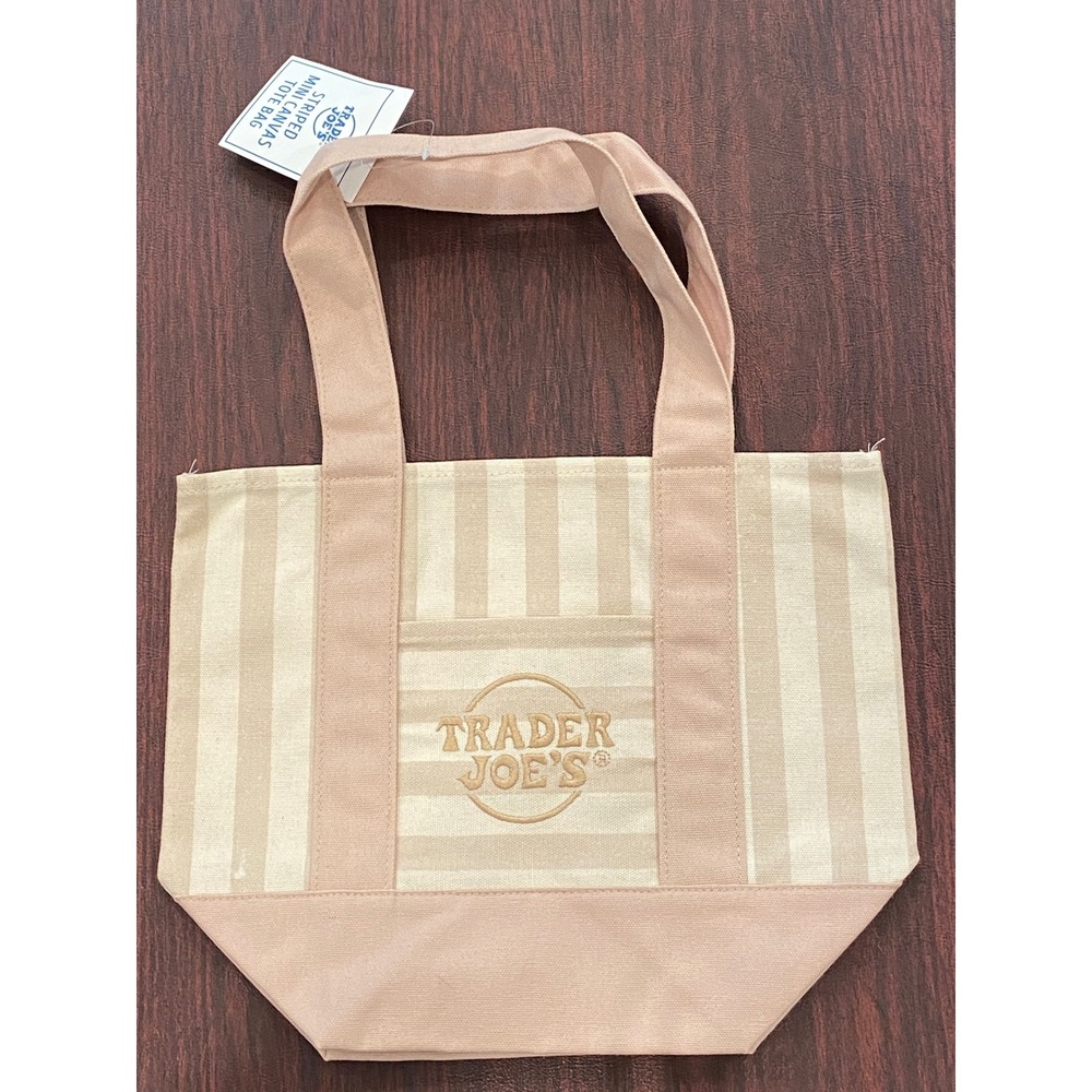 Trader Joe's Striped Mini Canvas Tote Bag Pastel Pink Cream Embroidered Logo NWT